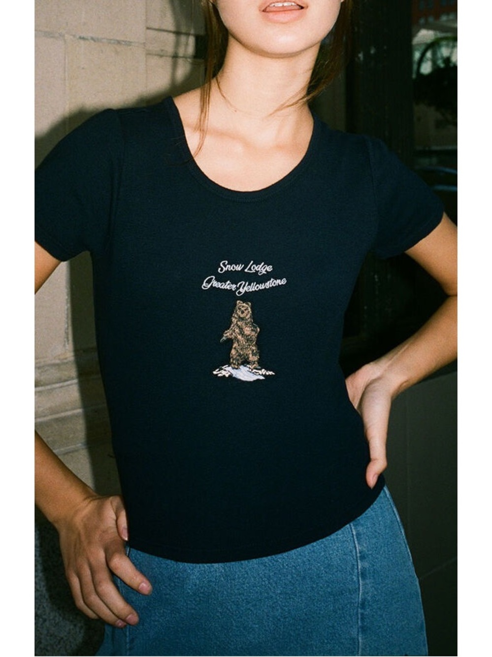 john galt brandy melville yellowstone embroidered navy baby tee